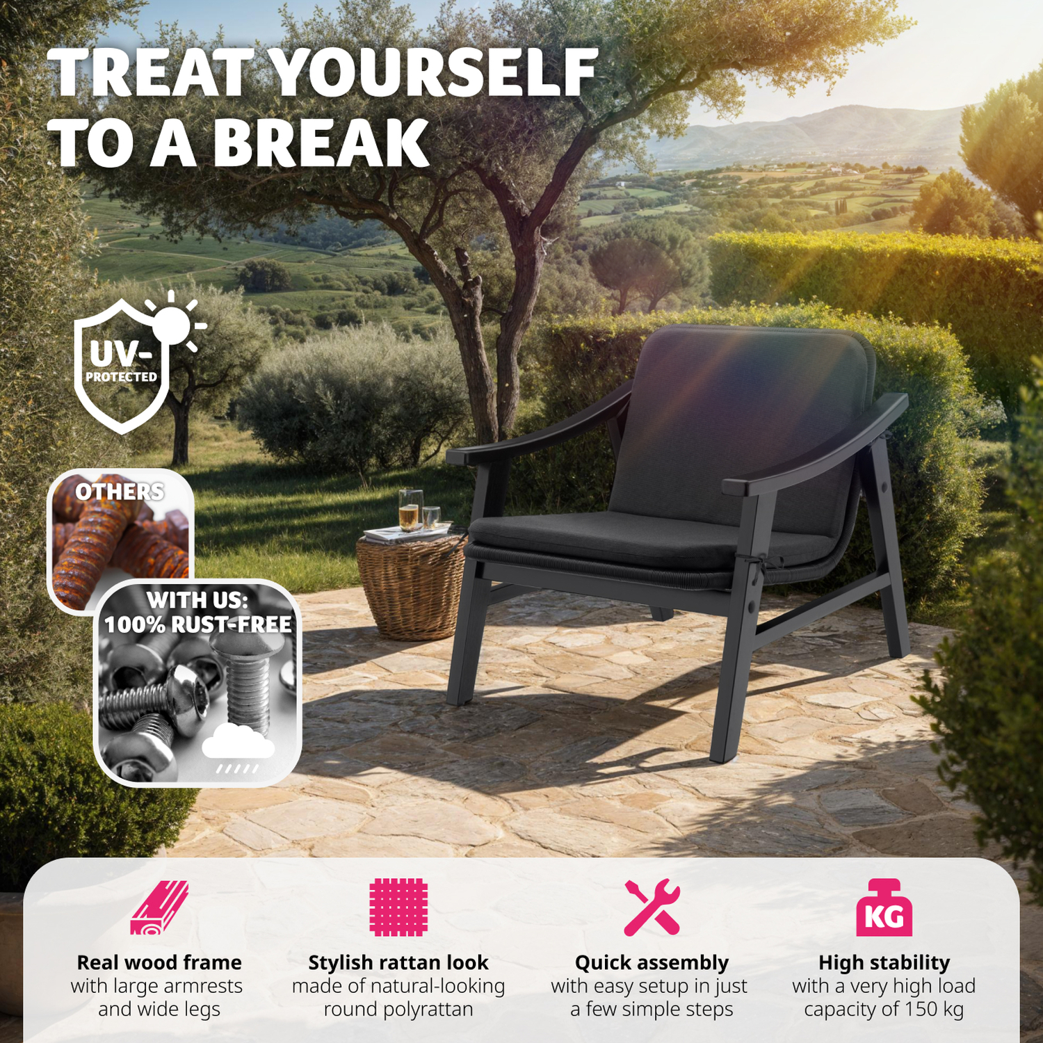 Rattan Garden Chair - Varnished Wooden Frame Lounge Armchair - Black