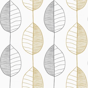 Fika Leaf Wallpaper in White and Grey and Mustard