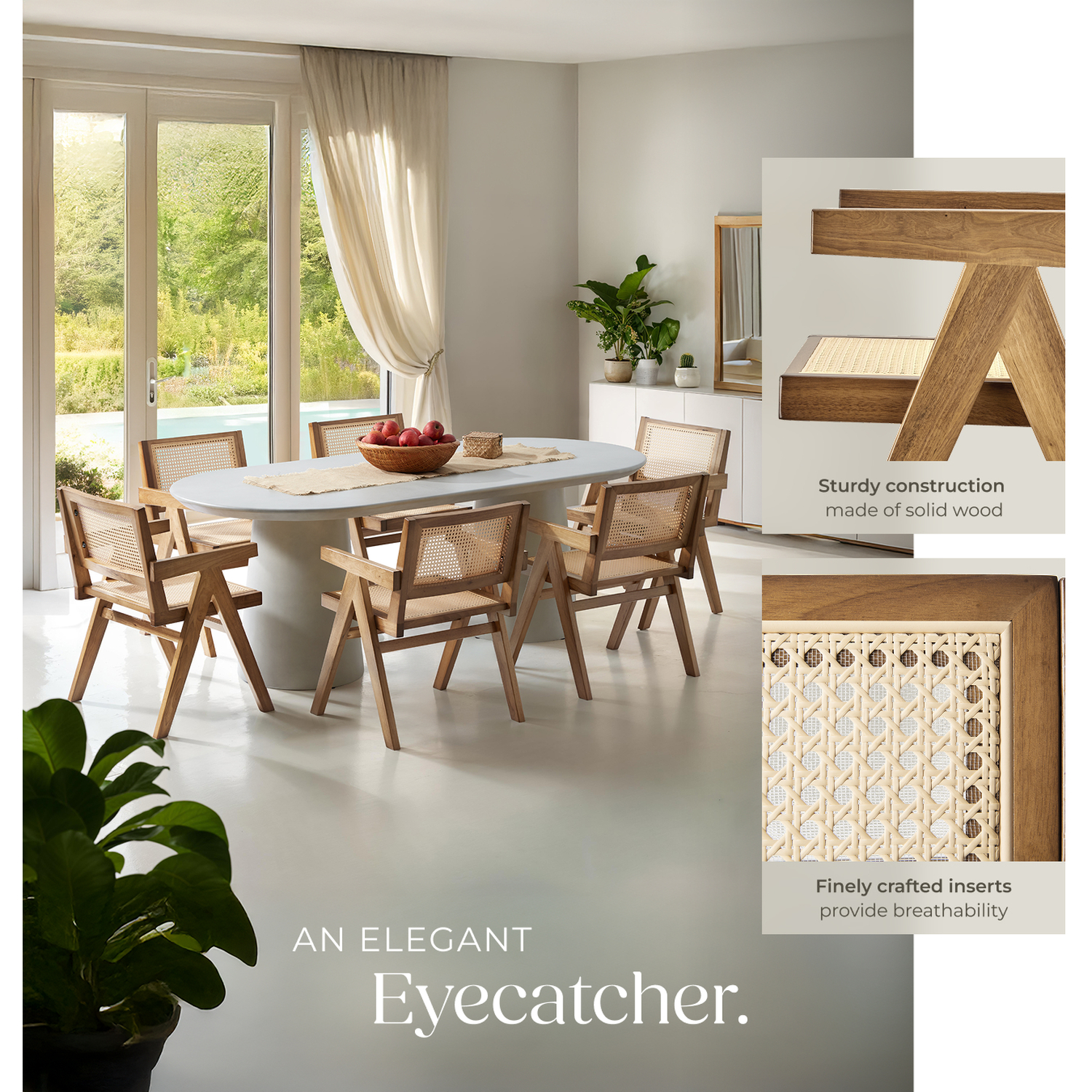 Dining Chair With Rattan Backrest And Solid Wood Frame - Light Oak 82 5cm 2