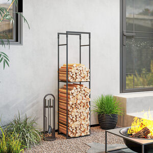 Outsunny Metal Firewood Log Holder with Adjustable Shelf