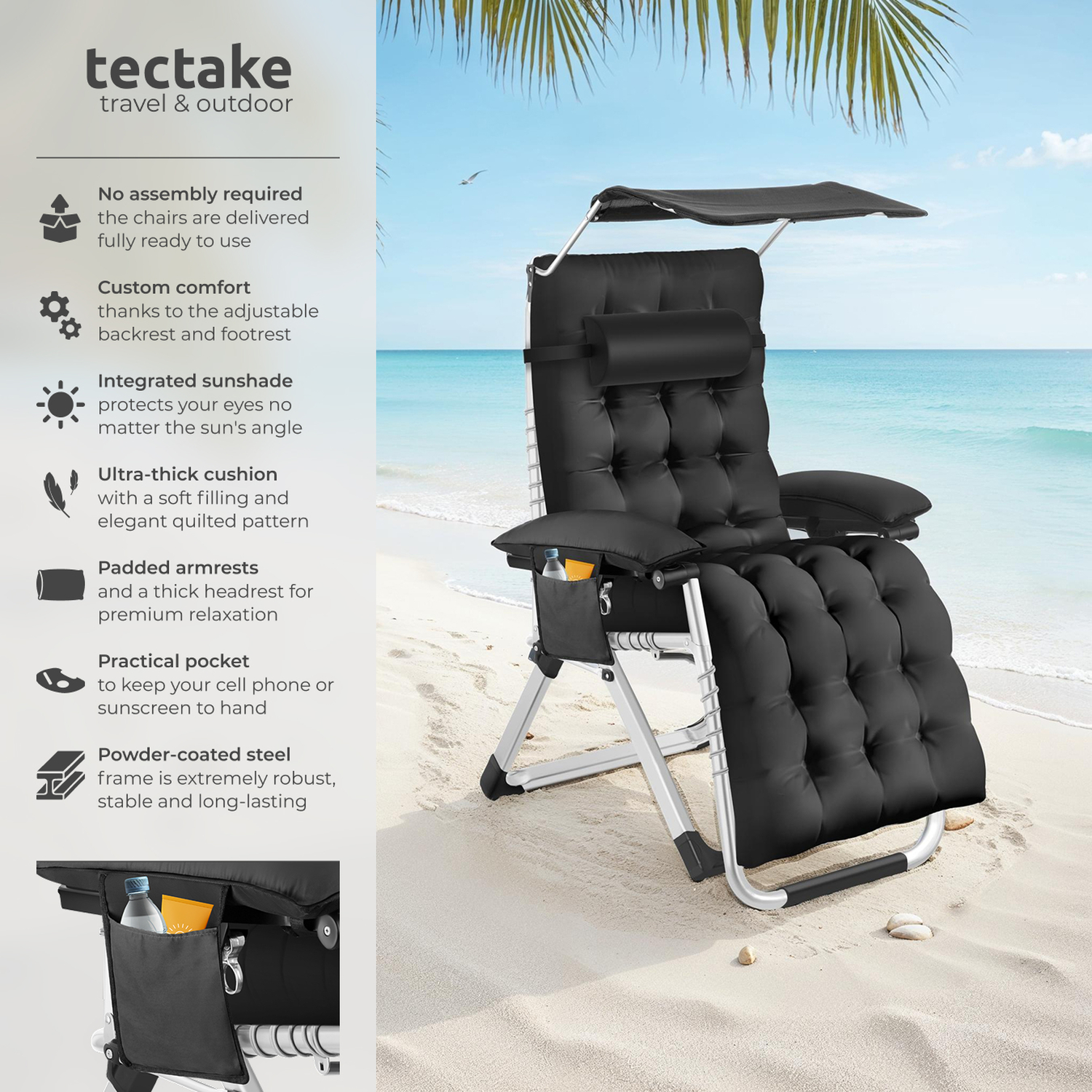 Sun Lounger Plush Padding Sun Shade Folding Function - Black 2