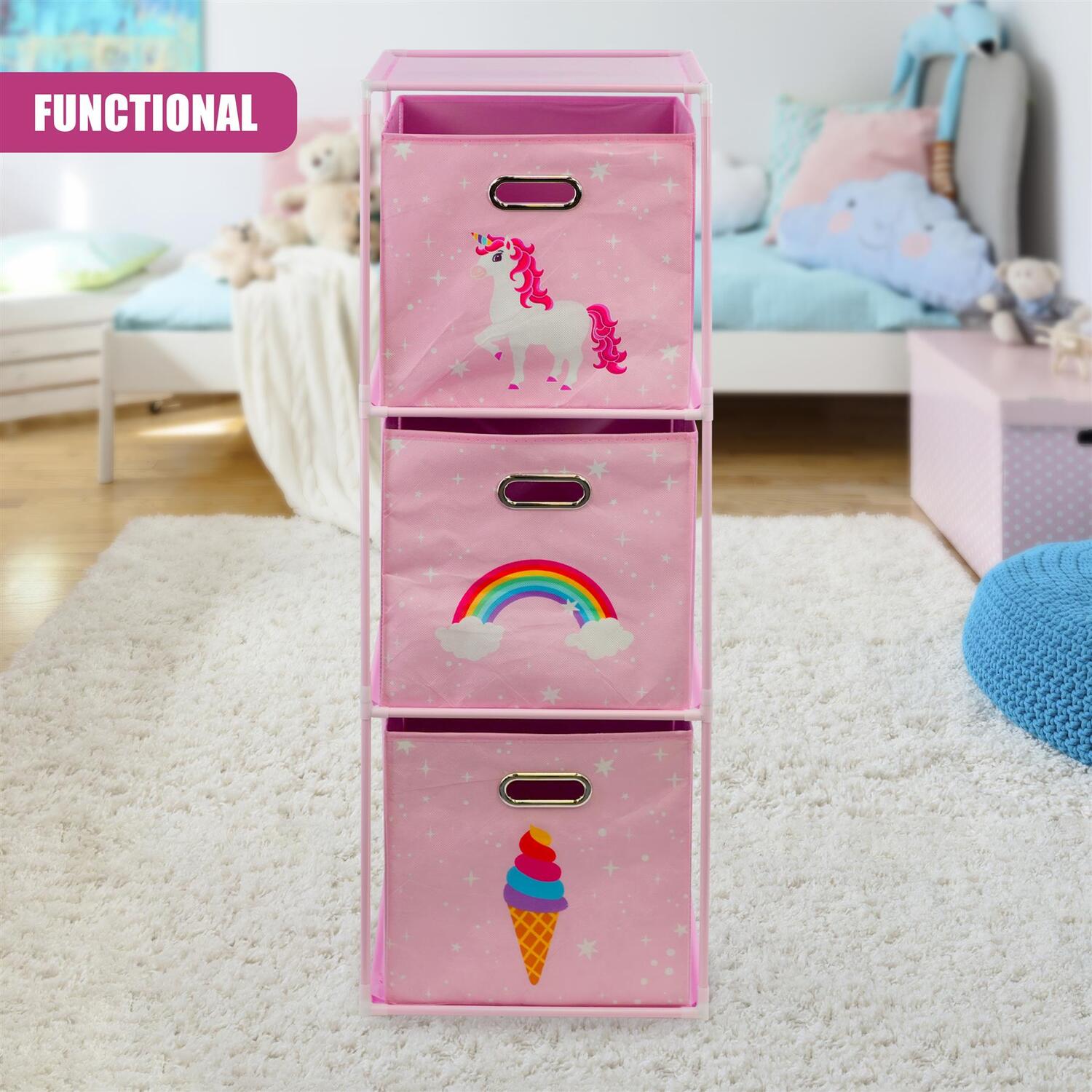 Set Of 3 Kids Unicorn Storage Cubes - Pink