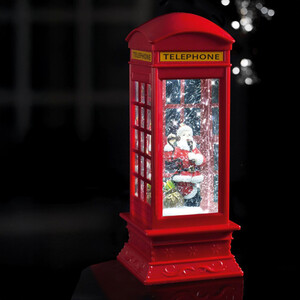 Christmas Glitter Water Spinner Telephone Box Decoration With White LEDs 27cm