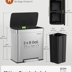 Kitchen Bin, 2 x 30L Stainless Steel Pedal Rubbish Bin with 15 Trash Bags
