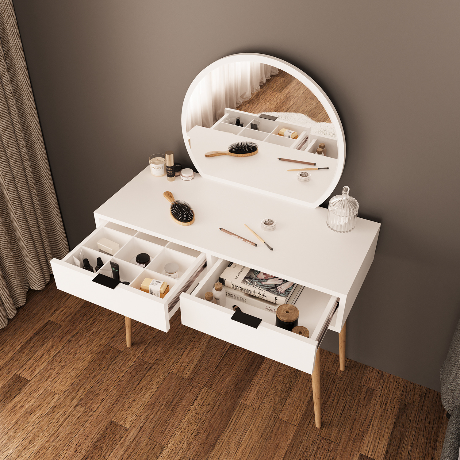 Lucy Vanity Dressing Table With Round Mirror - White