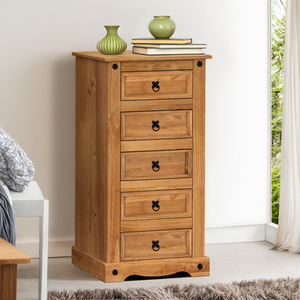 Corona Narrow 5 Drawer Chest Solid Wood Pine Wooden
