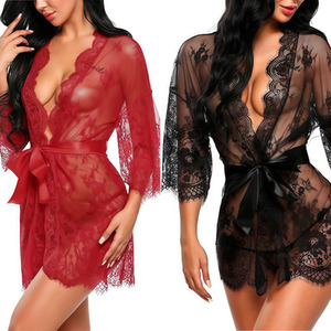 Women Sheer Lace Kimono Robe 2 Piece Lingerie Set with G-String
