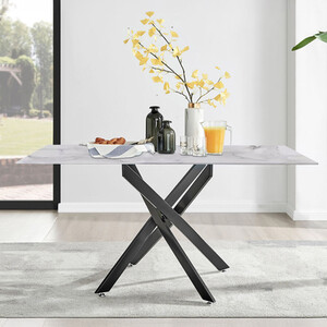 Leonardo Dining Table 6 Seat White Glass Marble Top Black Legs