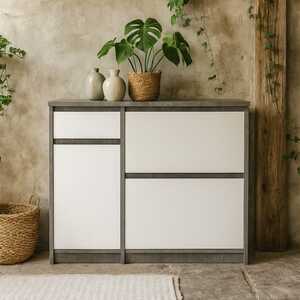 Budapest Shoe Cabinet - Concrete Effect & White Gloss, 3 Doors 1 Drawer