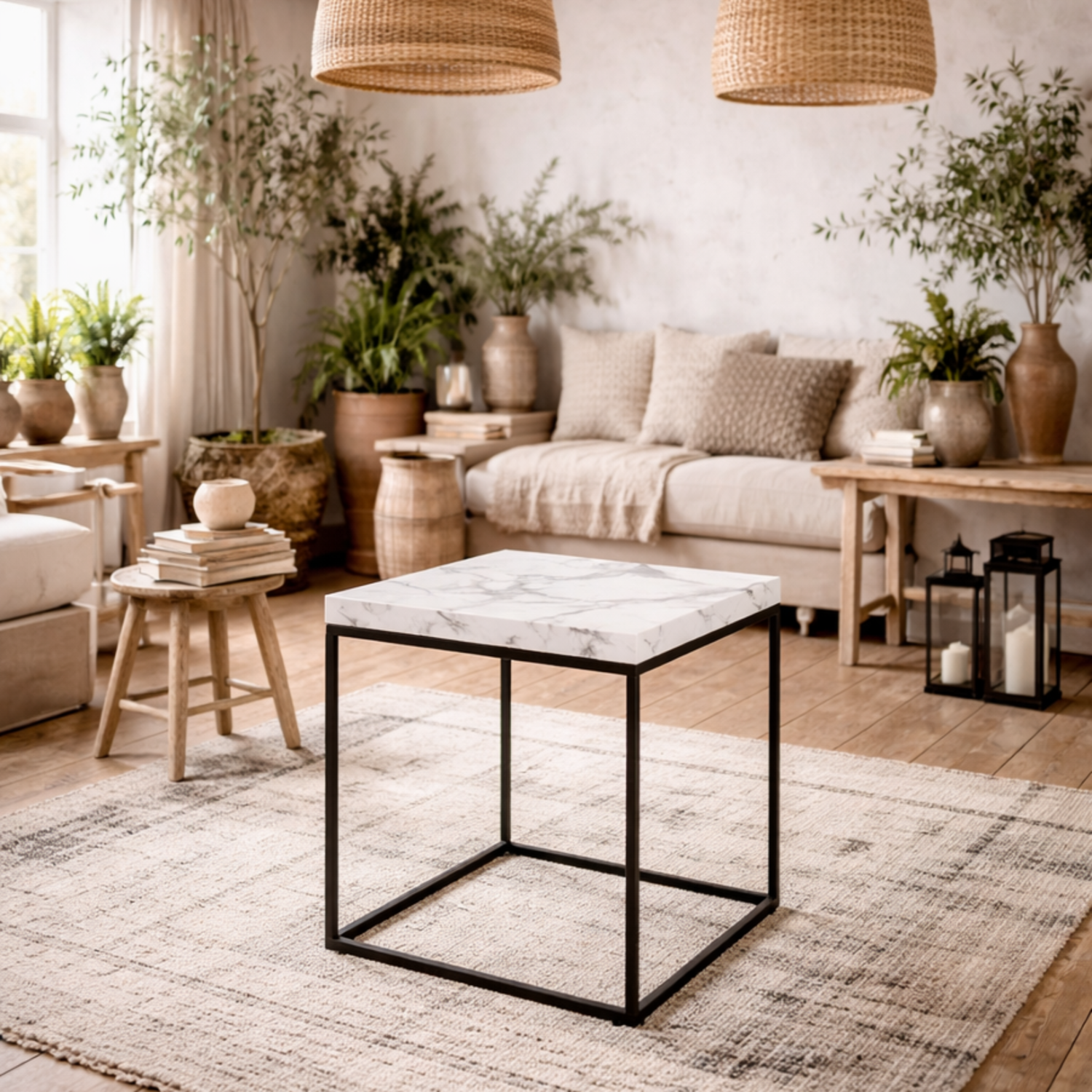 Hazelmere Square Coffee Table - White Marble-Effect MDF Top, Matte Black Metal Legs - White