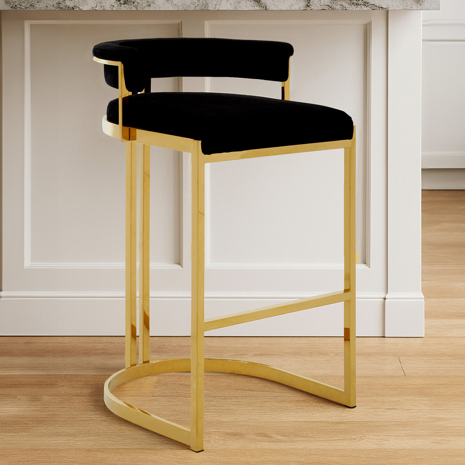 Piermount Black Velvet And Gold Bar Stool - Black