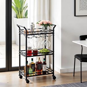 3-Tier Drinks Trolley, Black Bar Cart on Wheels, with Handles