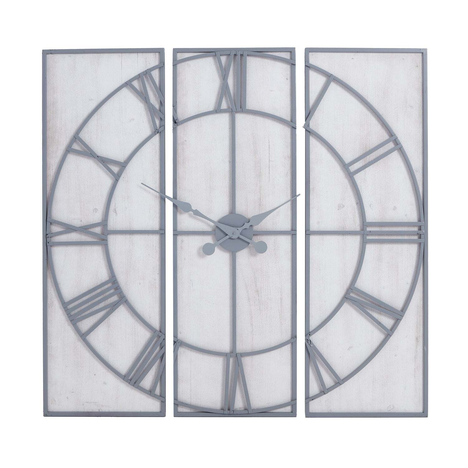 Oversized 3 Panel Open Frame Roman Numeral Wall Clock - Silver