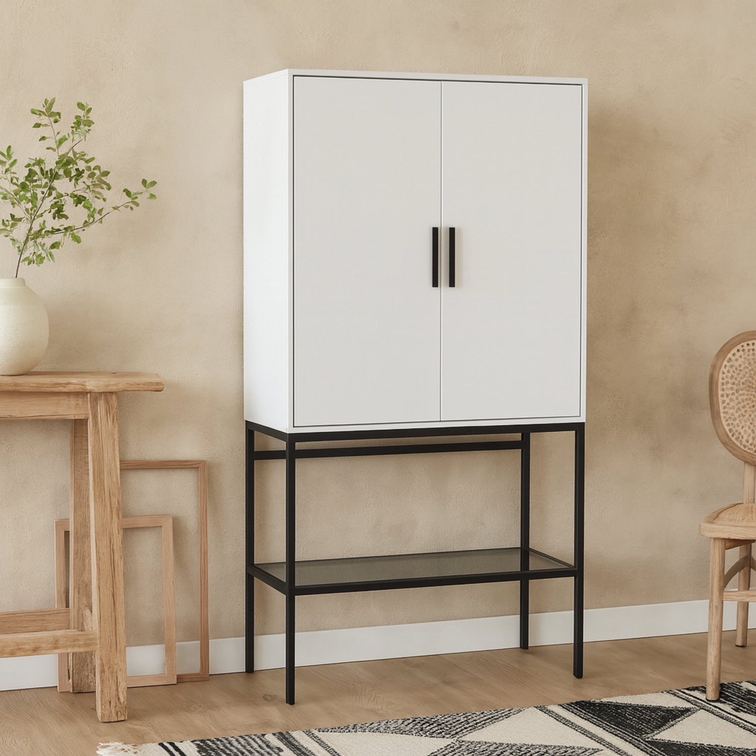 Vienna Slim Tall Cabinet with Metal Legs 2 Doors 4 Shelves - White