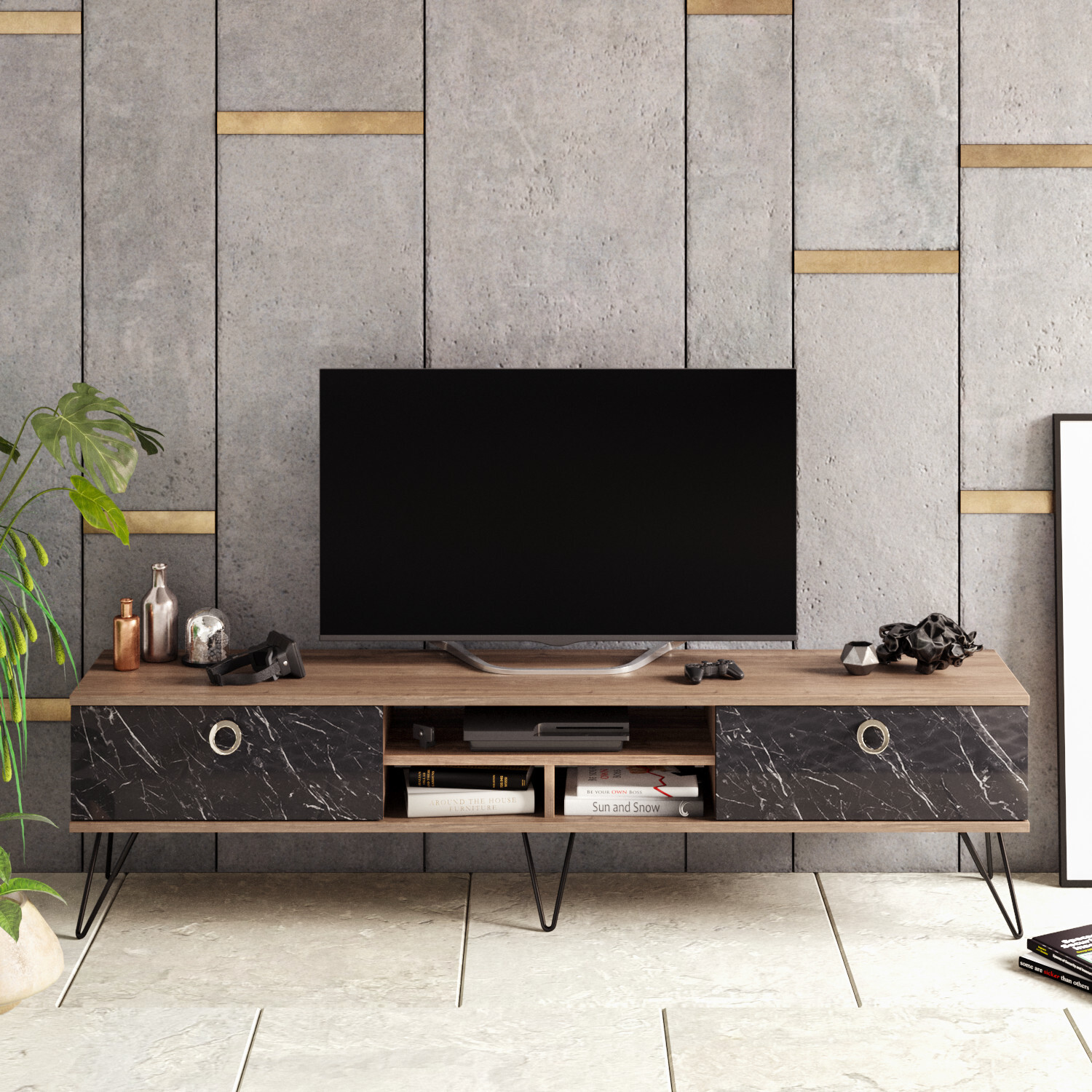 Lorenz Tv Unit - Walnut And Black Marble Effect