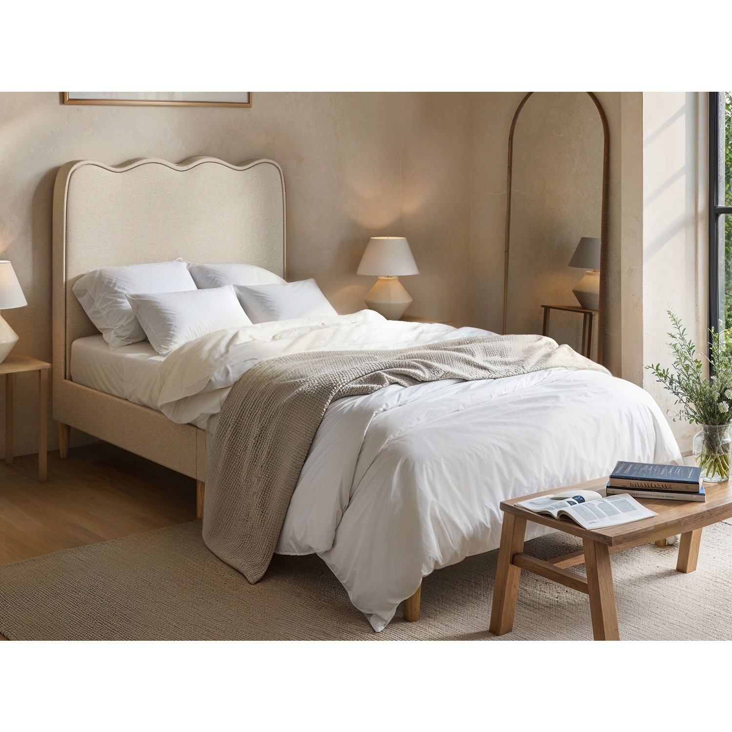 Flair Ellis Single Bed With Cloud Headboard Beige Woven - Beige
