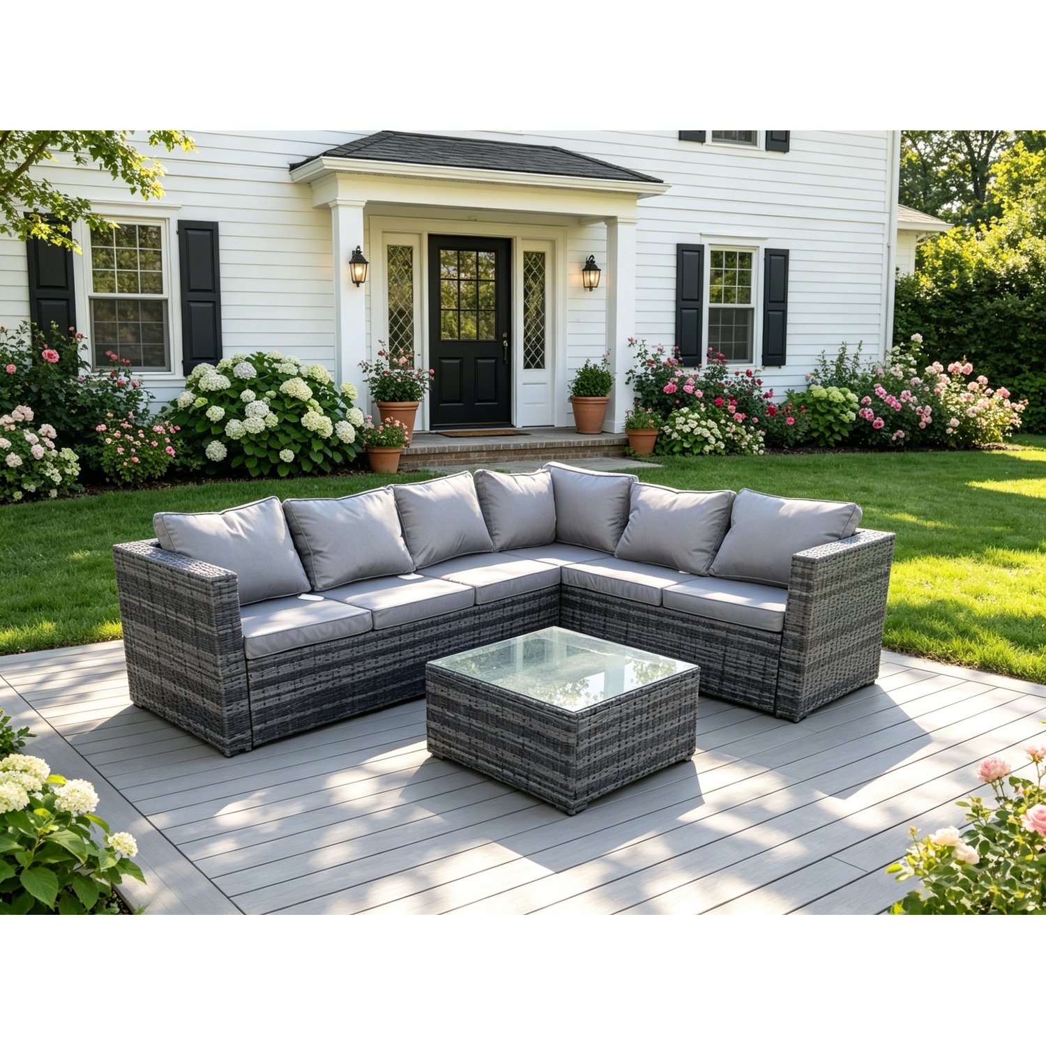 Fimous Rattan Corner Sofa Set Square Coffee Table 6 Seater