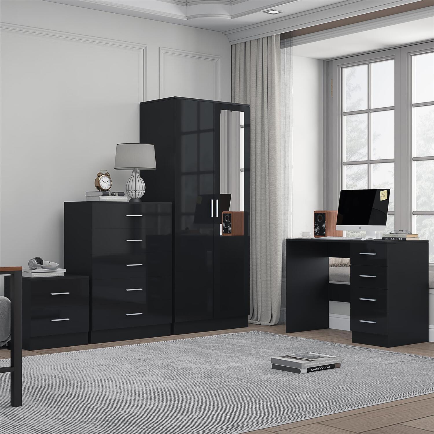 Reflect Furniture Bundle - 2Dr Mirror + Chest + Bedside + Desk - Black/Black - Black Gloss / Matt Black