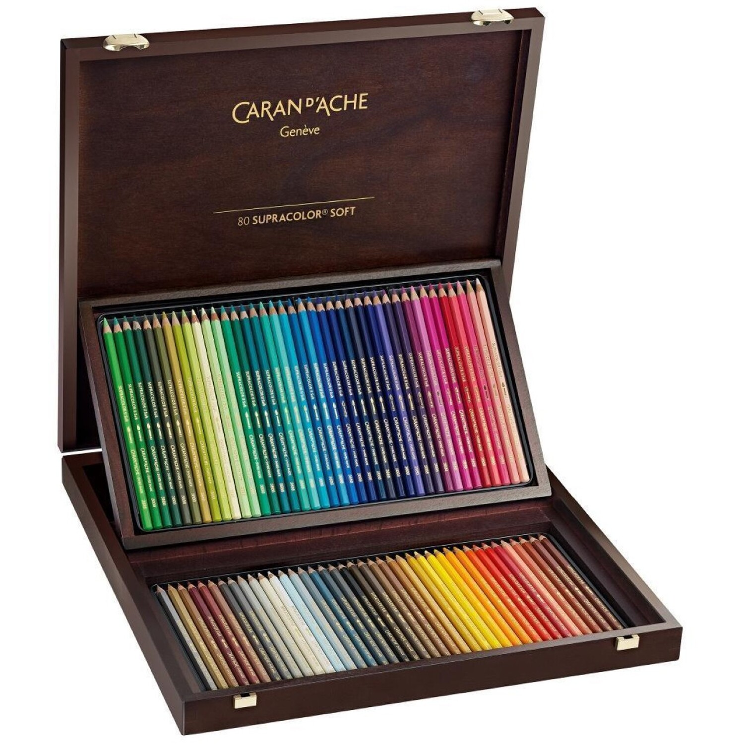 Caran D'ache Supracolor Ii 80 Water Soluble Colour Pencils - Professional Artist Set In Wooden Box - Assorted Colours