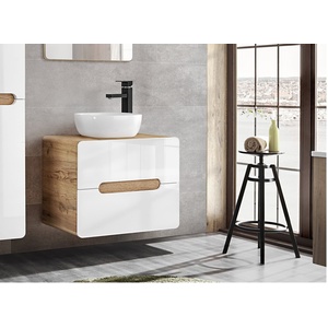 Aruba 600mm wall vanity unit with 2 soft-close drawers and ceramic sink, Oak Effect and White Gloss