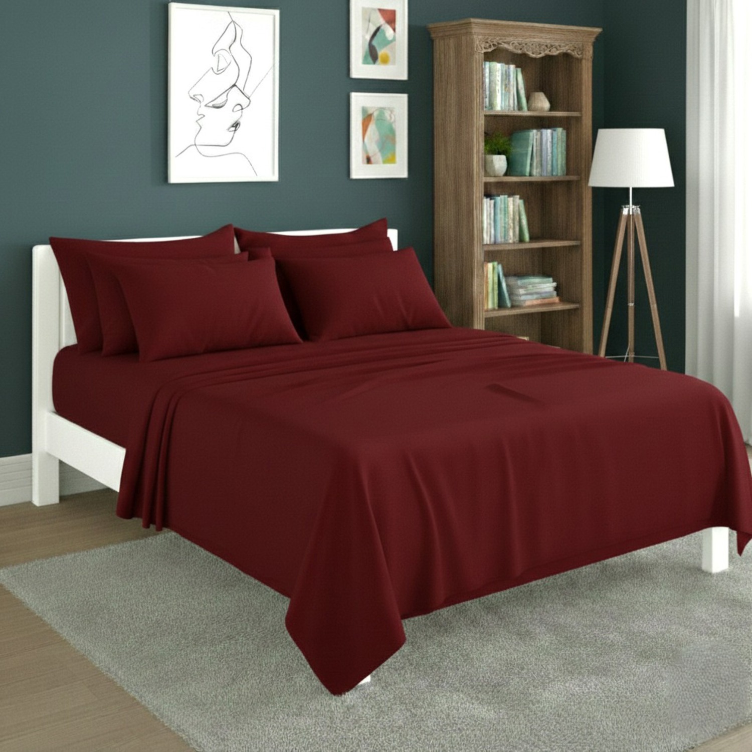 Snug City Plain Poly Cotton Easy Care Fitted Flat Sheet Matching Pillowcases Set in Red | Size: Single
