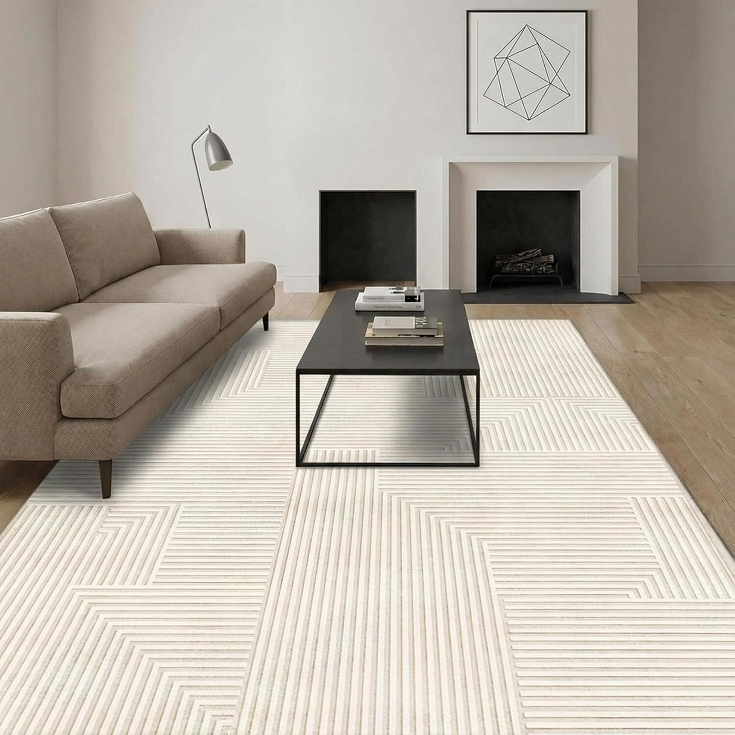 MCC Direct Short Pile Rectangular Lined Pattern Rug Indoor Carpet Mat 6 sizes in Cream | Size: 60 cm x 110 cm