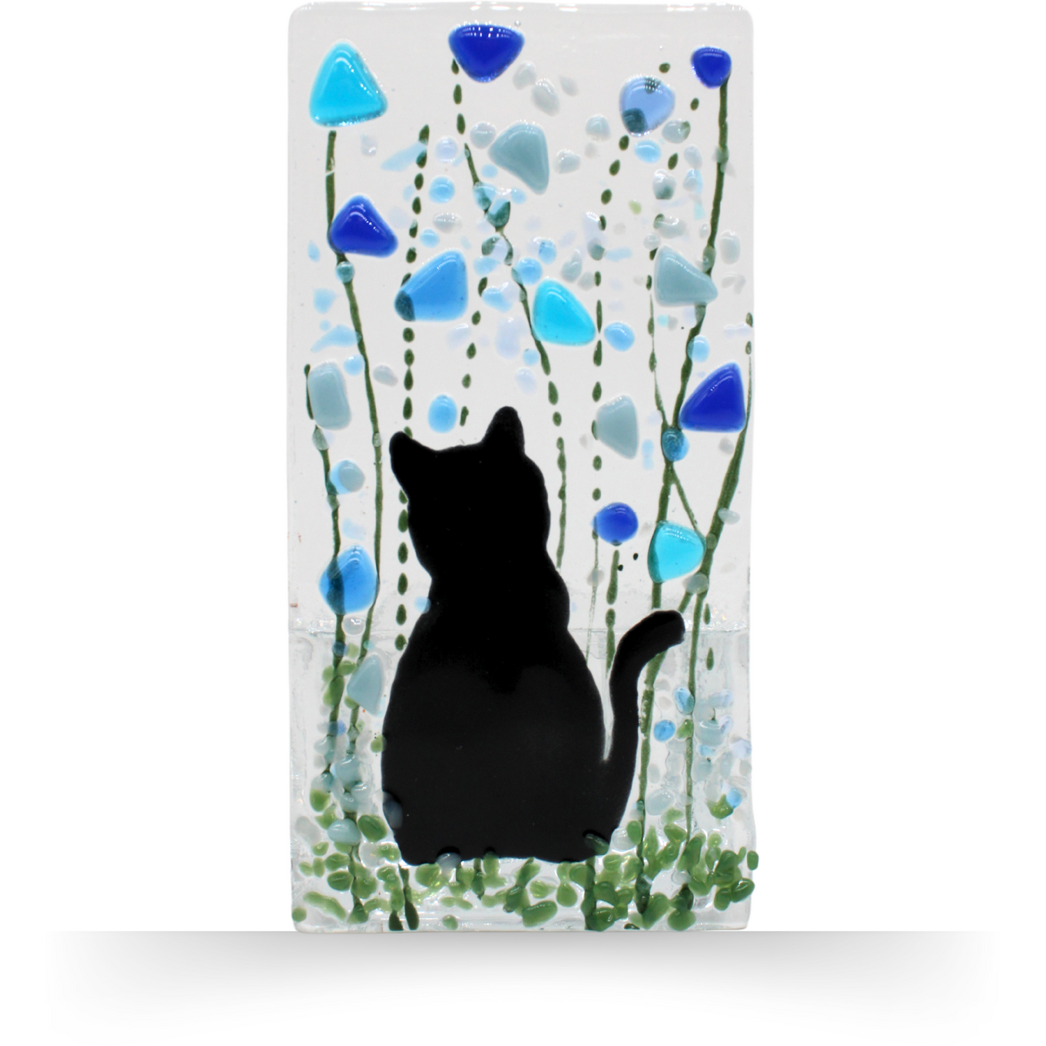 Fused Glass Tea Light Holder ¿ Cat & Forget Me Not Design (Handmade) - Blue