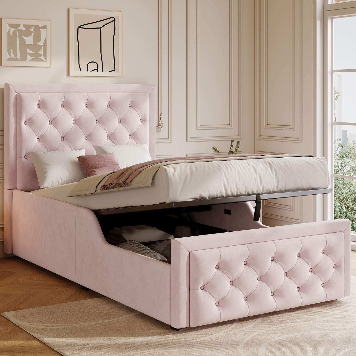 Aka Single Upholstered Hydraulic Bed With Headboard And Large Storage Space - Pink
