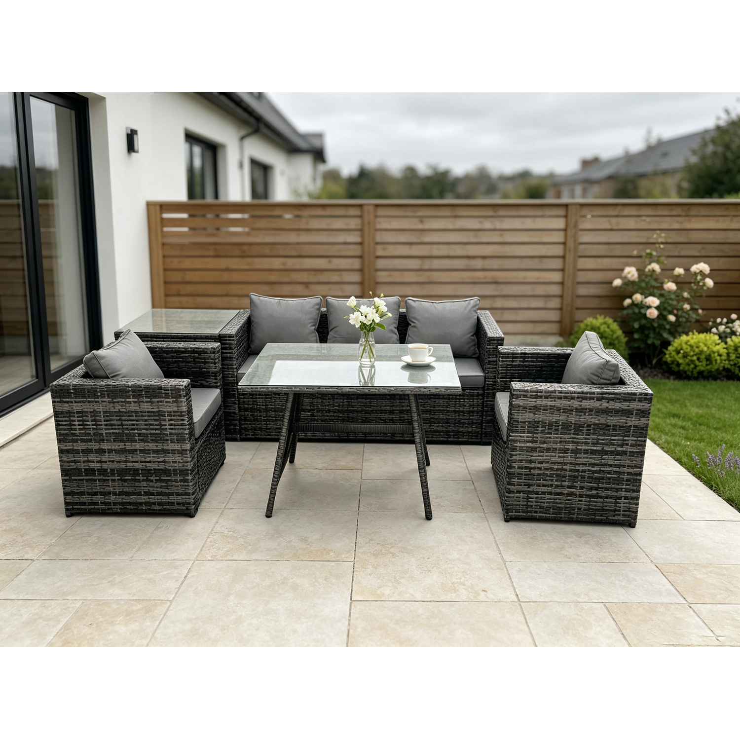 B&Q - 5 Seater Wicker Rattan Outdoor Furniture Garden Dining Set With Sofa Oblong Dining Table Armchair Side Table - Image 2
