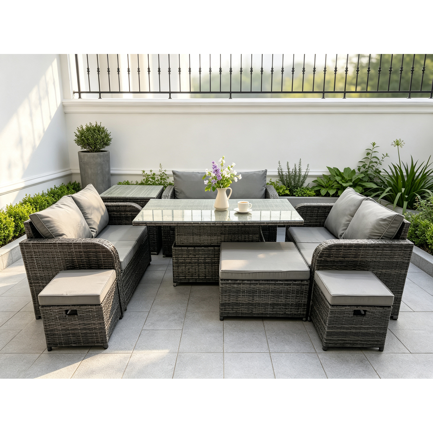 Rackhams Rattan Garden Outdoor Furniture 3 Pc Love Sofa Set Adjustable Rising Lifting Dining Table With Side Table 3 Footstools - Image 2