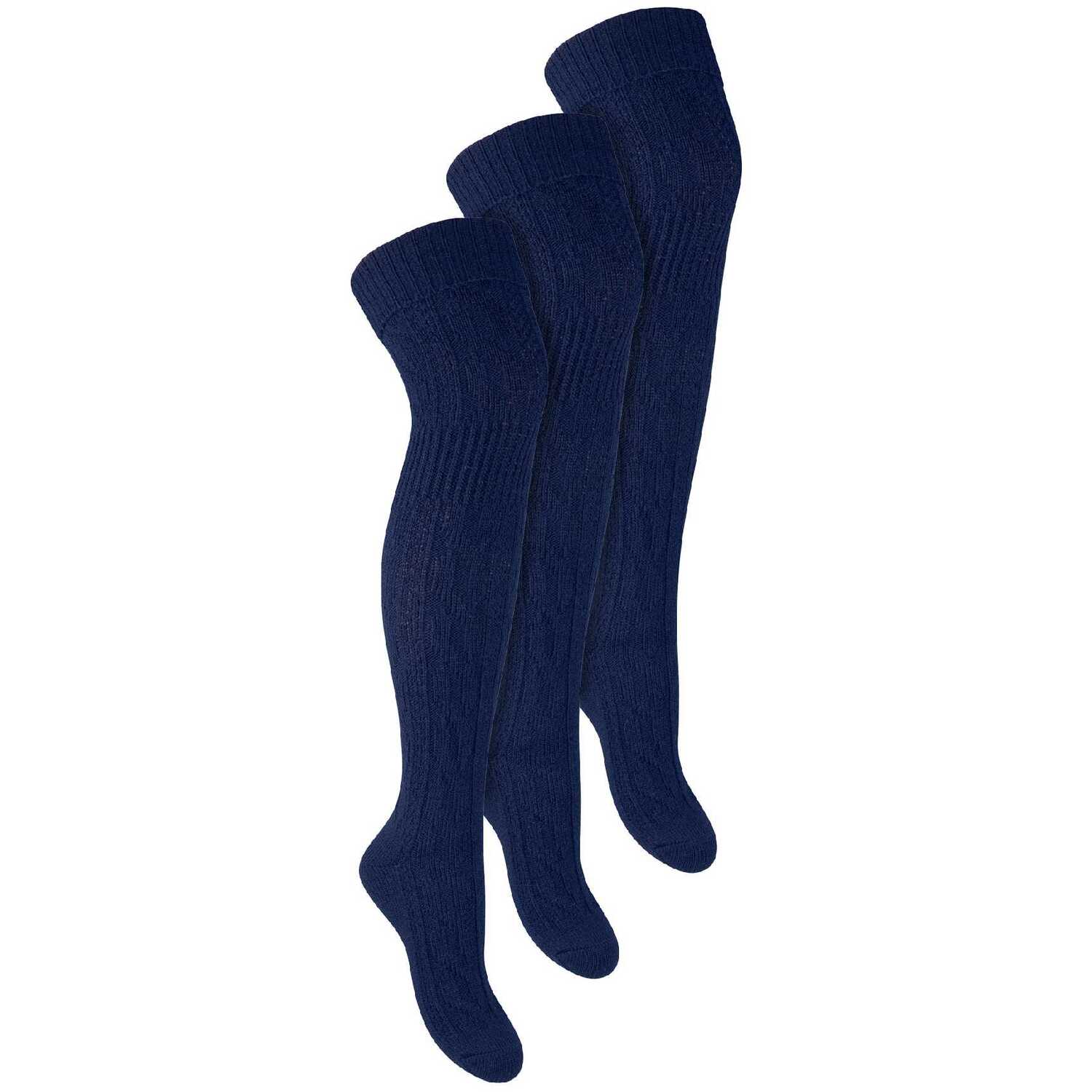 Steven 3 Pairs Ladies Extra Long Thigh High Over The Knee Wool Socks - Blue / 3-5