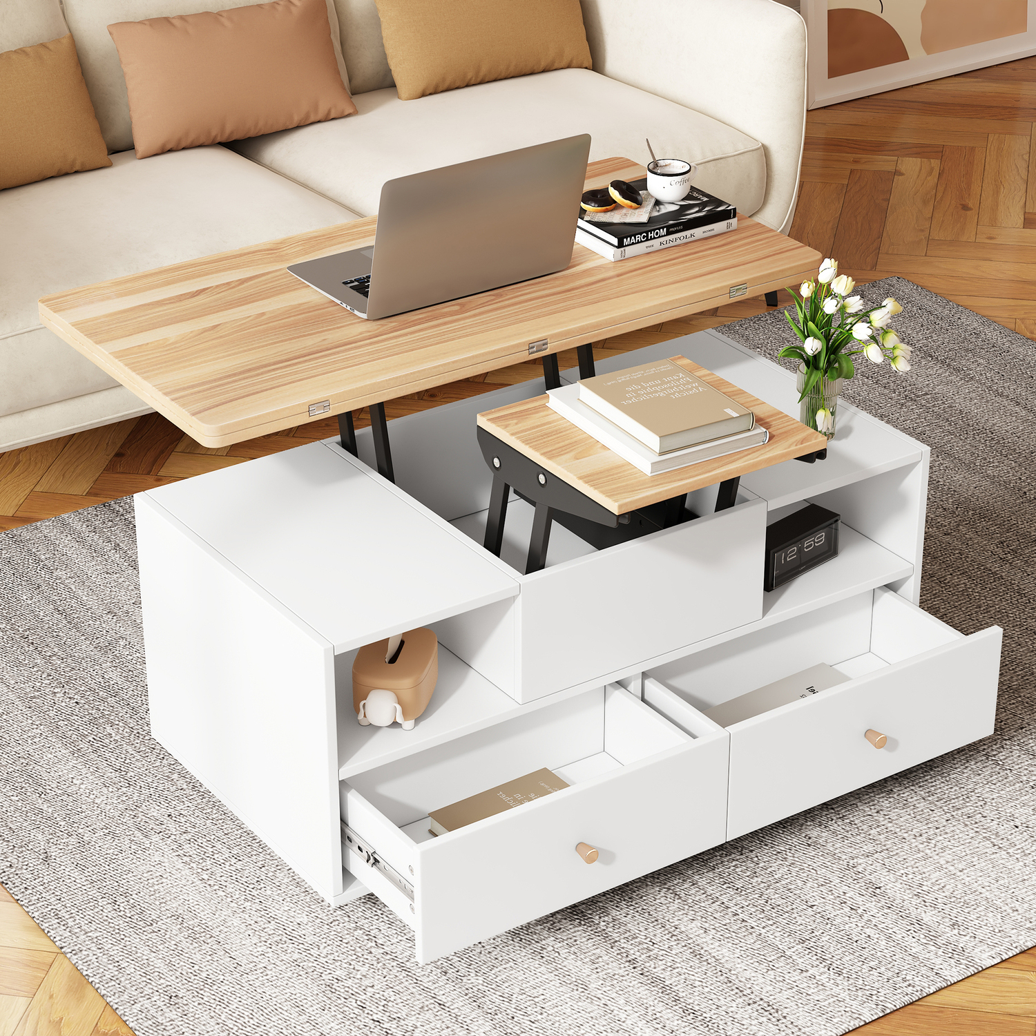 Aka Lift Top Coffee Table With Wheels, 4 Drawers, 2 Lifting Platforms And Extendable Design - White,Wood