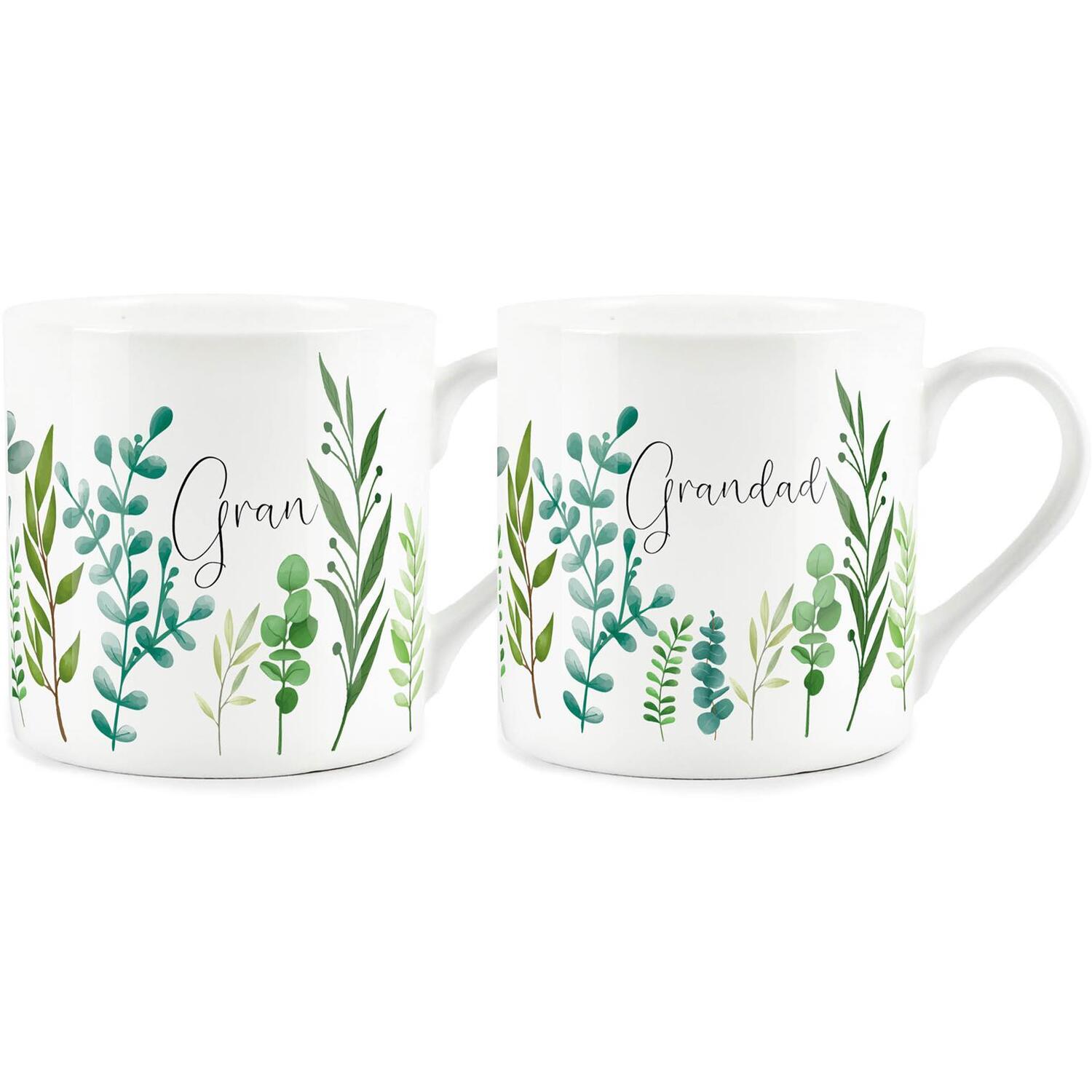Purely Home Green Leaves Gran & Grandad Bone China Mugs Gift - Set Of 2 - Green