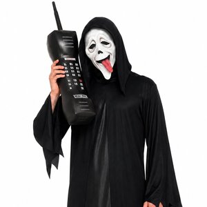 Adults Halloween Ghost Face Mask & Inflatable Retro 1980s Mobile Phone Prop Fancy Dress Set