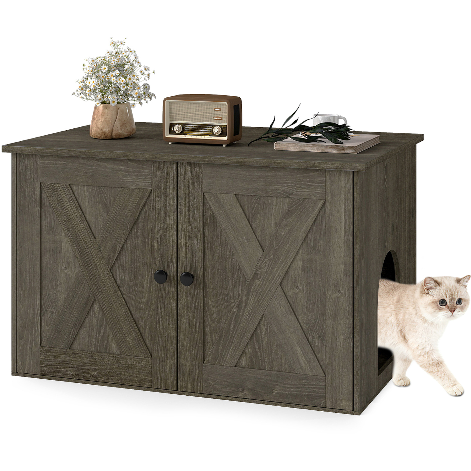 Costway Cat Litter Box Enclosure Furniture Indoor Wooden Cat House-Green