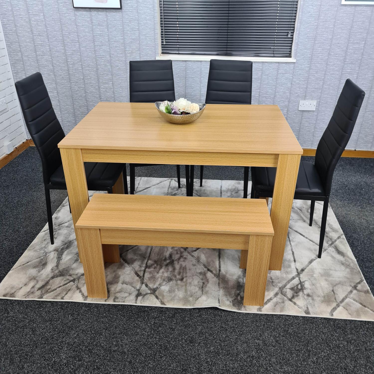 B&Q - 6 Seater Modern Light Wood Effect Dining Table Set With 4 Chairs And Bench Black Metal Legs H75 X L140 X W80 Cm - Image 2