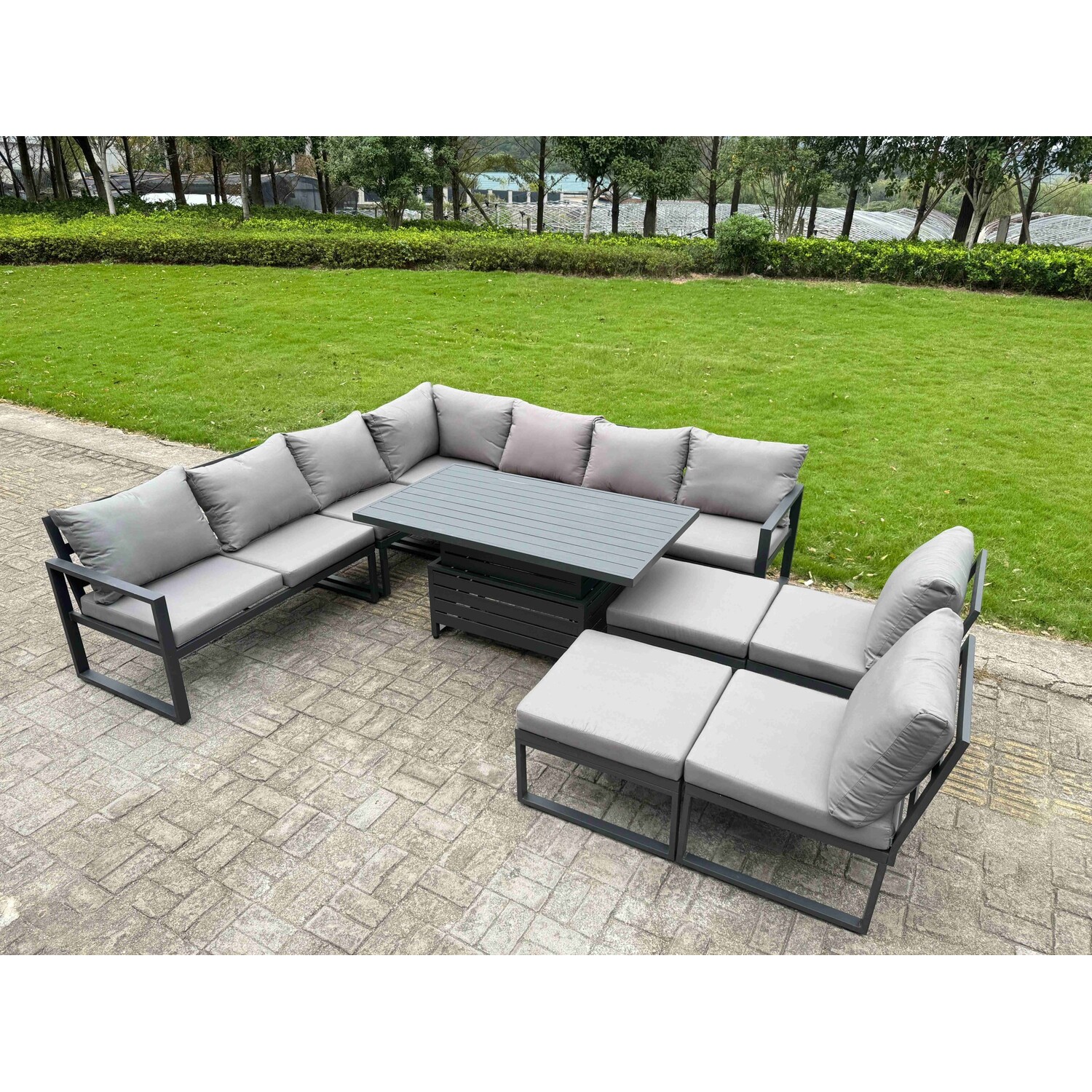 Rackhams Grey 10 Seater Aluminium Garden Furniture Set With Adjustable Rising Dining Table, Corner Sofa, 2 Footstools - Image 3