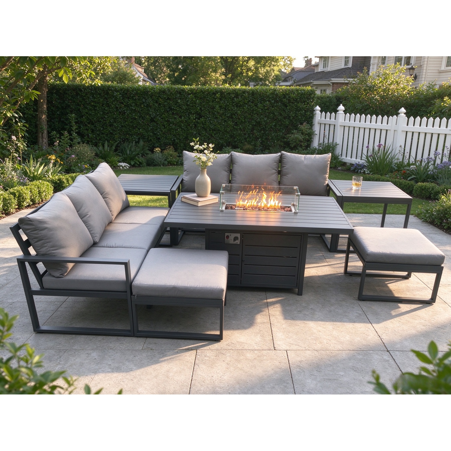 Fimous Aluminium Outdoor Lounge Sofa Garden Furniture Sets Gas Fire Pit Dining Table Set With 2 Big Footstools 2 Dark Grey - Image 3