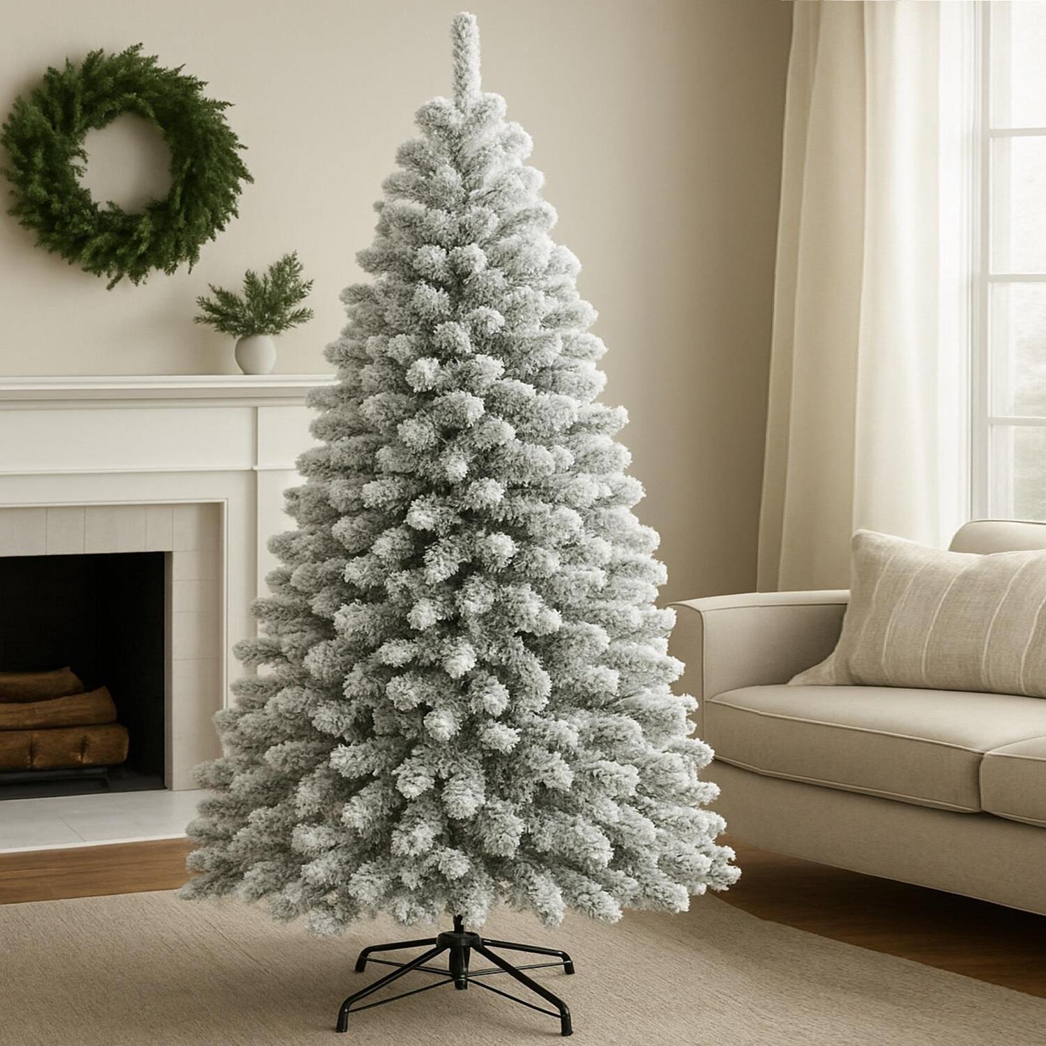 White 7ft Christmas Tree With Stand Xmas Artificial Snow Flocked Green Branches - Image 3