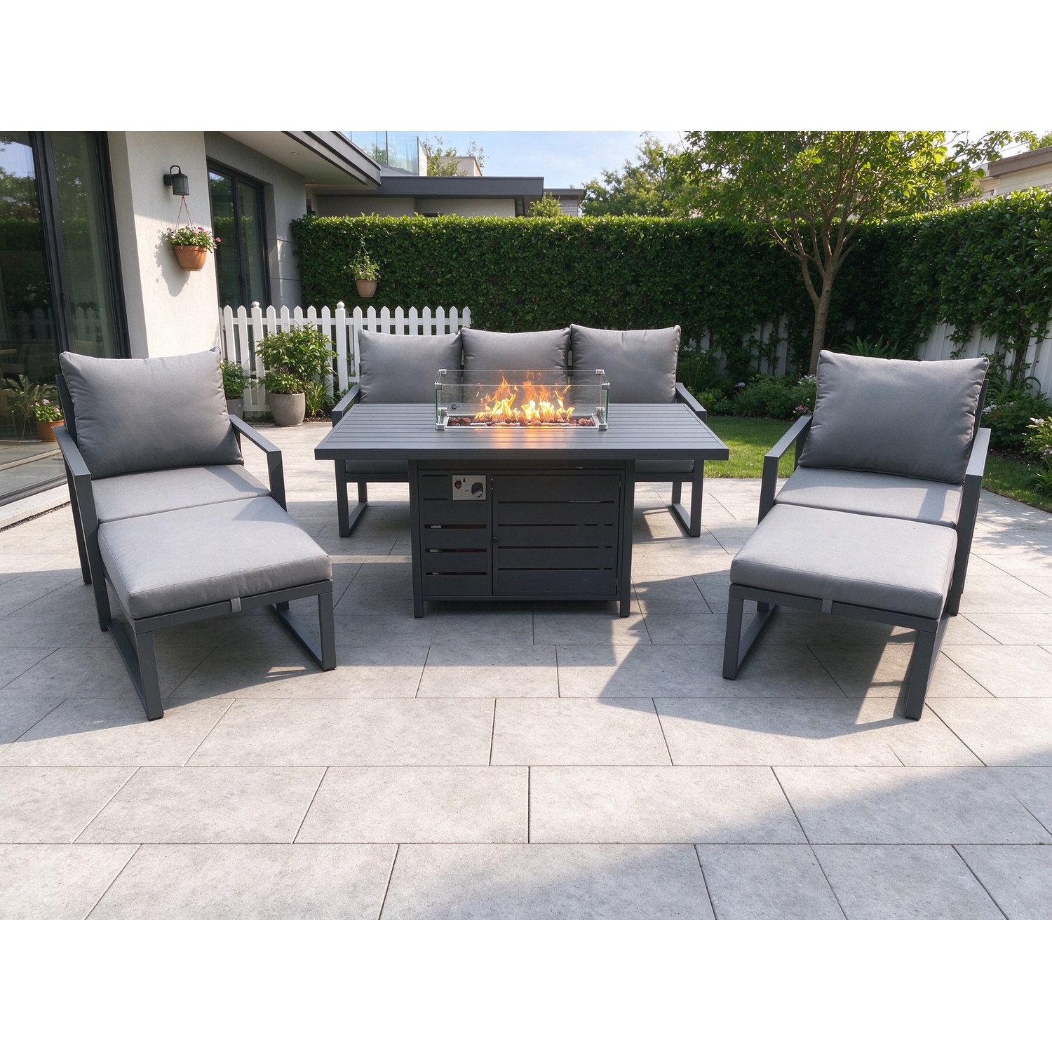Fimous Aluminium Patio Outdoor Garden Furniture Lounge Sofa Set Gas Fire Pit Dining Table With 2 Big Footstools Dark Grey - Image 3