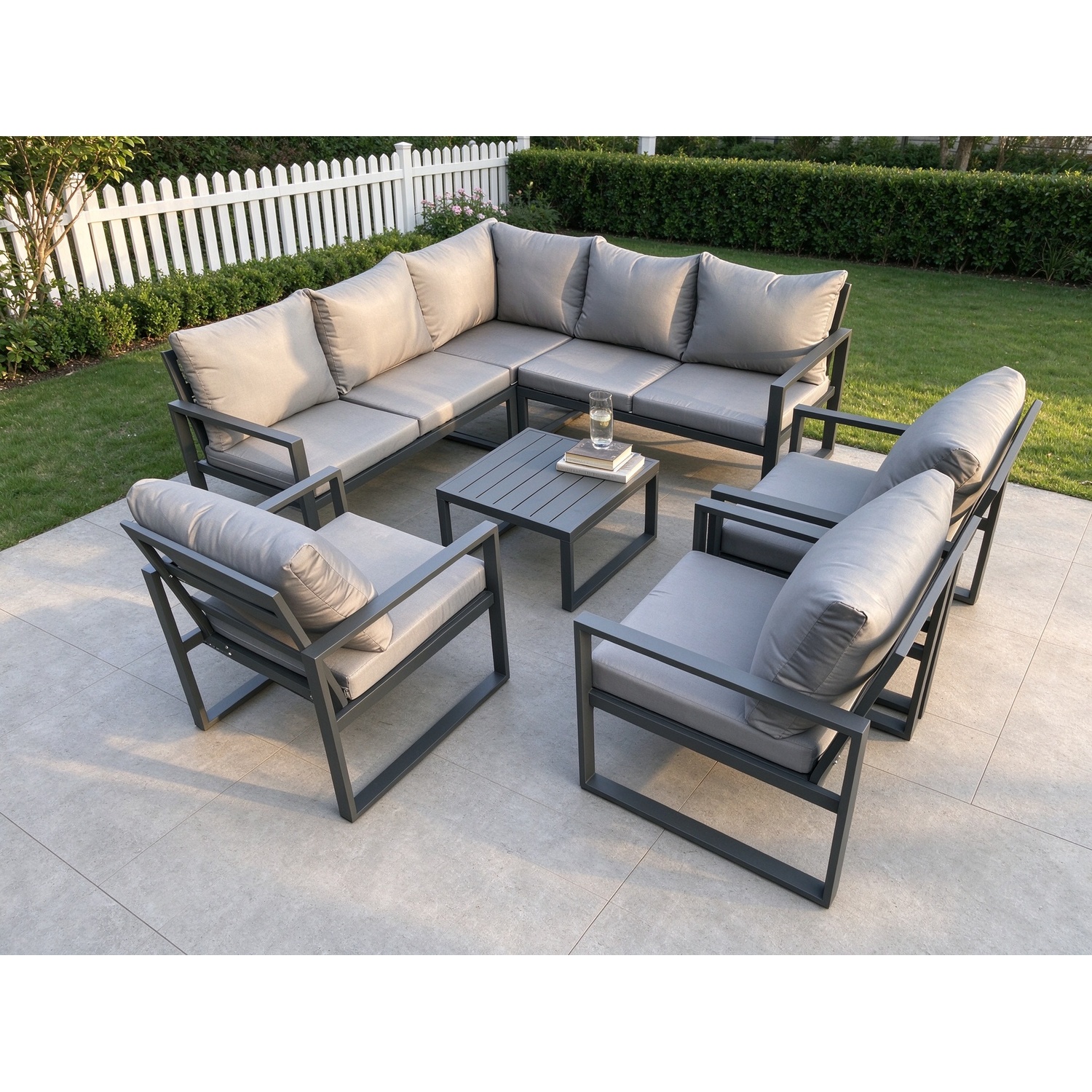 Rackhams Dark/Grey 8 Seater Outdoor Aluminium Garden Furniture Set Corner Lounge Sofa Set With Square Coffee Table Chair - Image 2