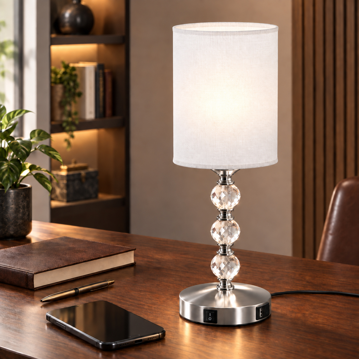 HOMCOM Bedside Lamp, Crystal Decoration Table Lamp, PVC shade in Silver - Image 3