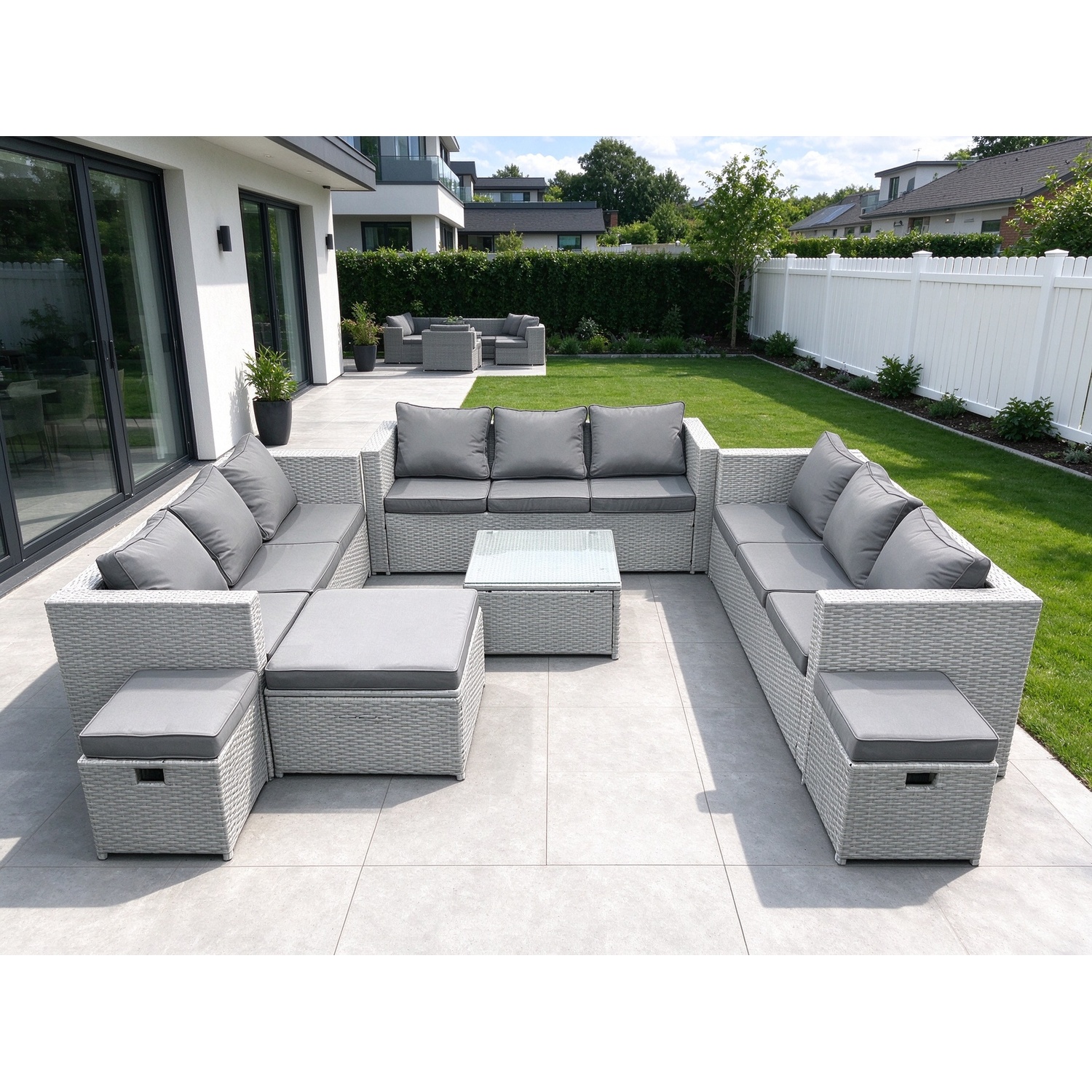 B&Q - Rattan Garden Outdoor Furniture Set 12 Seater Rattan Garden Sofa Set 3 Stools Light Grey - Image 2