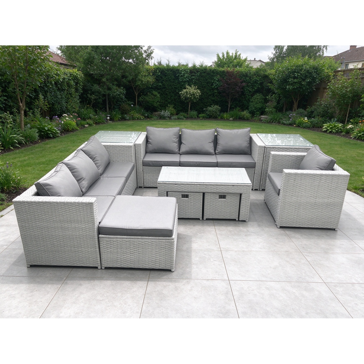 Rackhams Light/Grey Wicker Pe Rattan Sofa Garden Furniture Set With Oblong Coffee Table Armchair 3 Footstools 2 Side Tables Mixed - Image 2