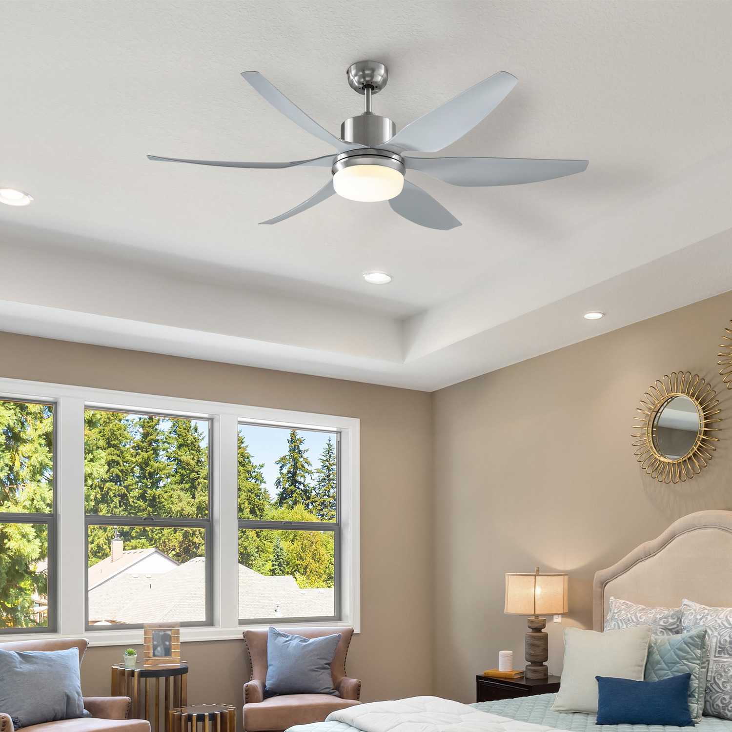 HOMCOM Reversible Ceiling Fan with Light, 6 Blades Indoor LED Lighting Fan - Silver