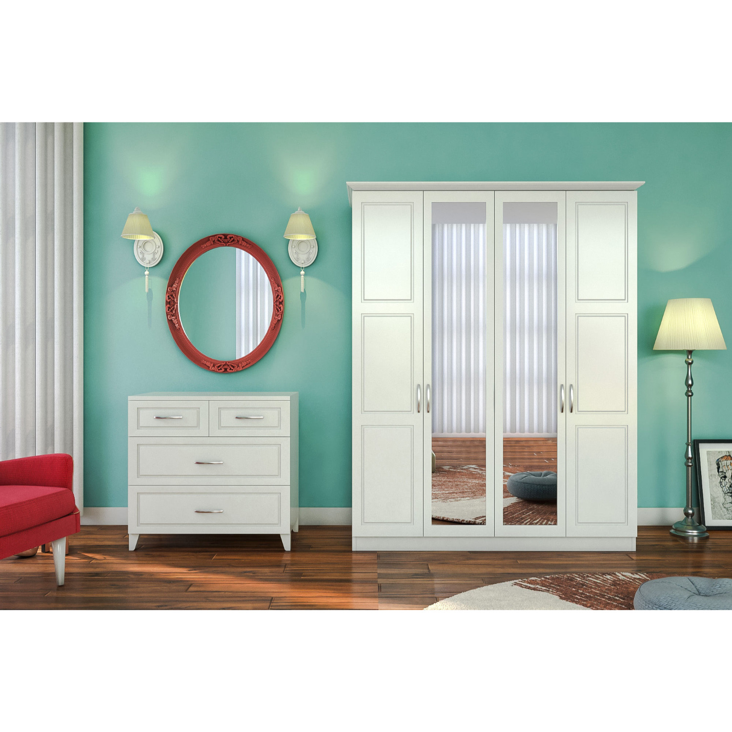 Ines 4 Door Mirrored White Wardrobe - White