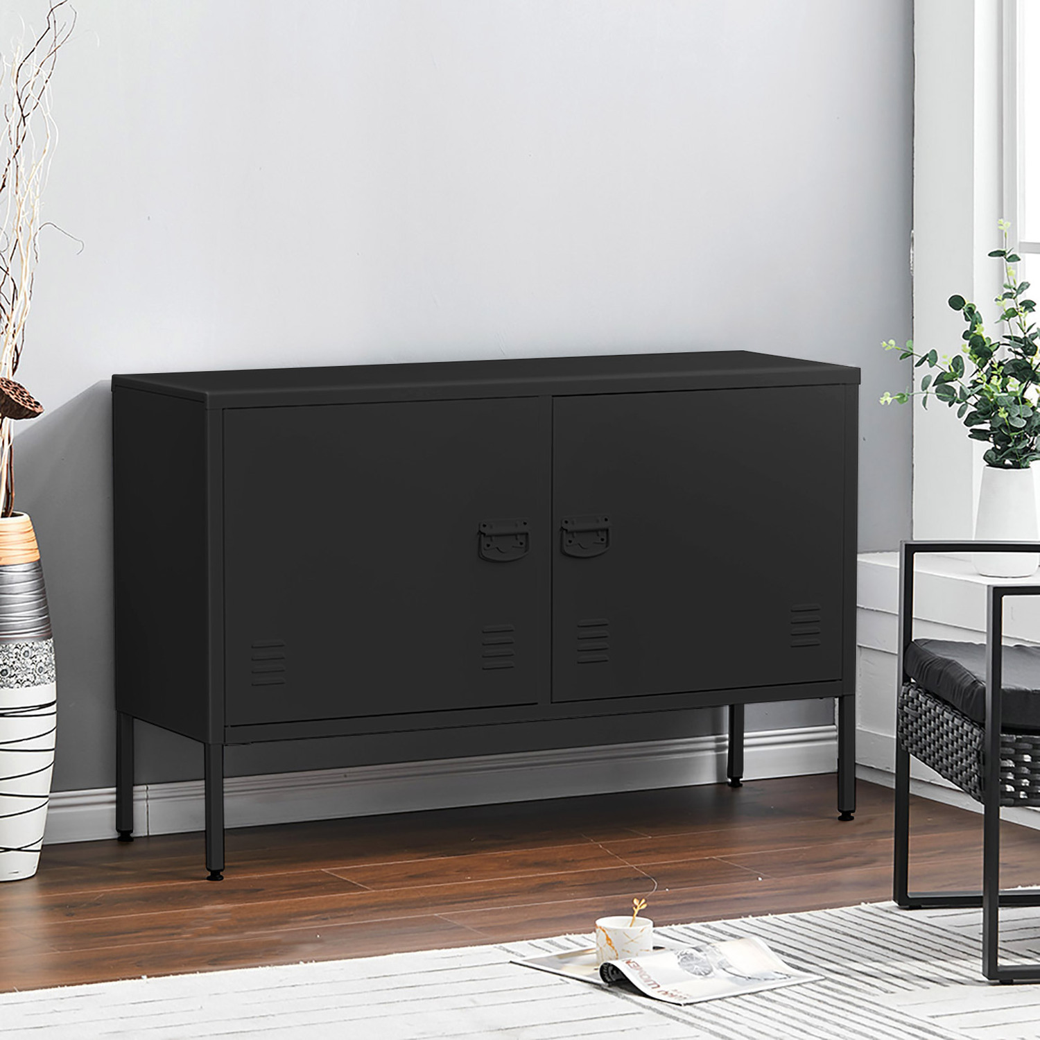 Livingandhome - All-Metal Storage Cabinet TV Stand Sideboard Long Legs - Black thumbnail
