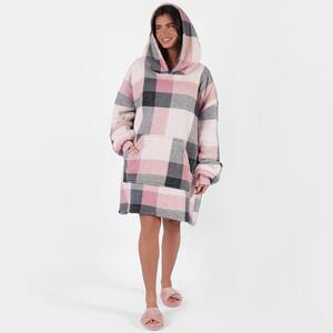 Winter Check Hoodie Blanket Soft Wearable Sherpa Oversized Sweatshirt, Blush