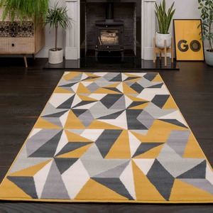Yellow Ochre Grey Kaleidoscope Geometric Living Room Rug
