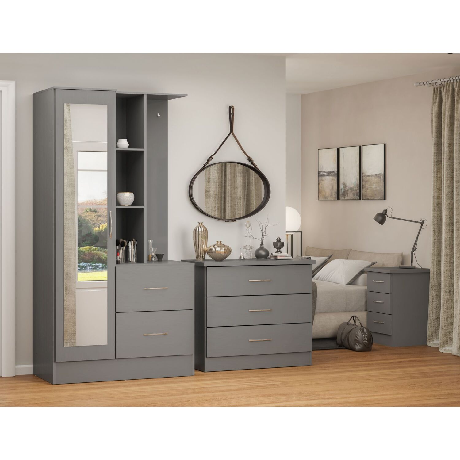 Seconique - Nevada Mirrored Open Shelf Wardrobe - 3D Effect Grey thumbnail